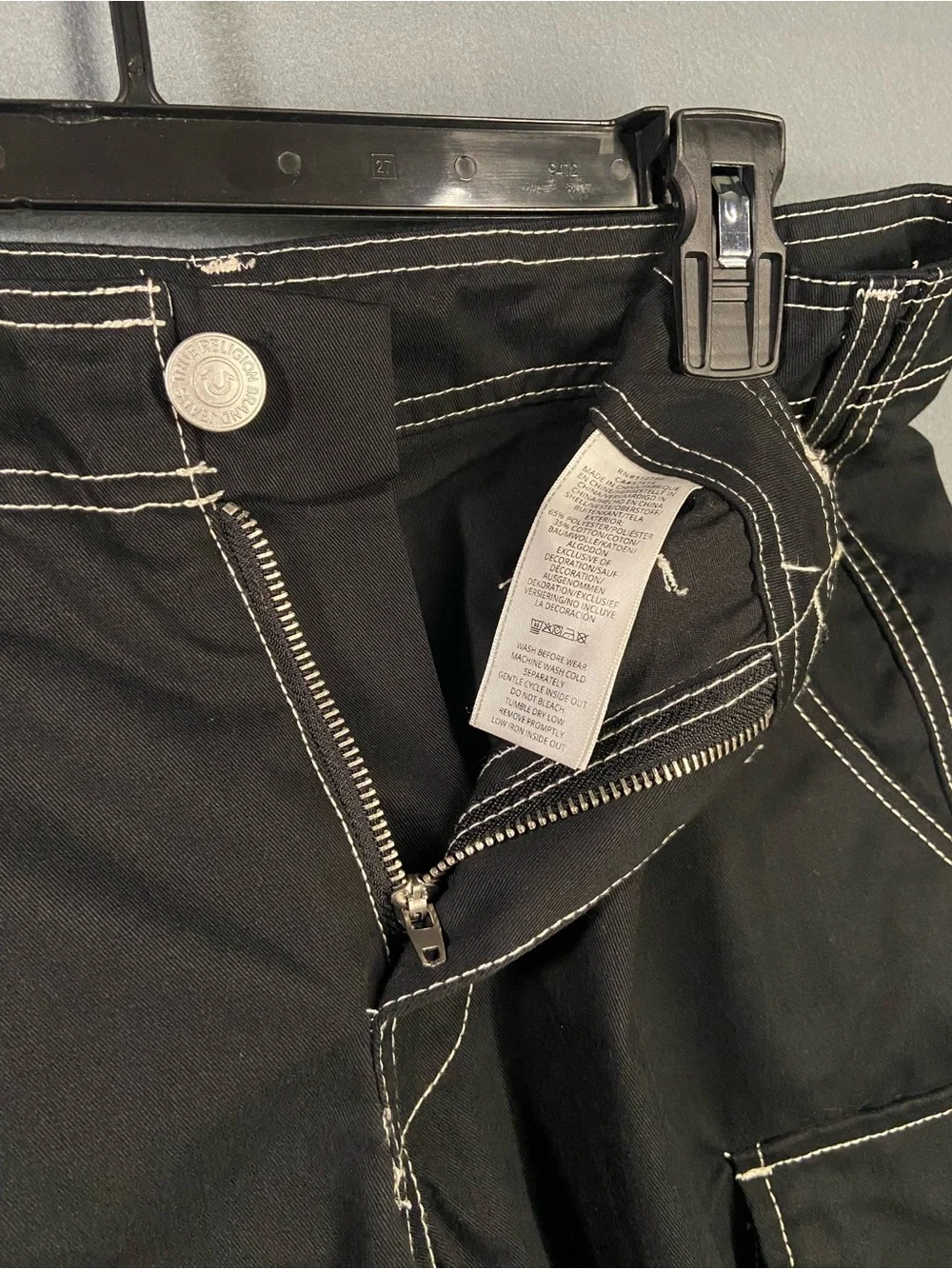 True Religion Men’s Black Cargo Pants with Contrast Stitching